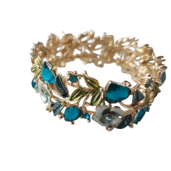 Turquoise Hearts and Flowers Hinged Cuff Bracelet - Picture 2 of 7
